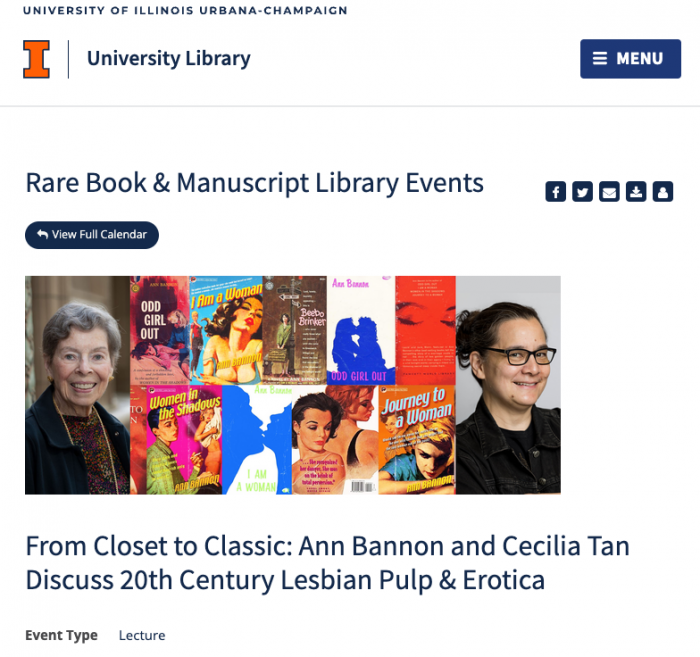 Screengrab from the University of Illnois website that describes the event "From Closet to Classic: Ann Bannon and Cecilia Tan Discuss 20th Century Lesbian Pulp & Erotica" an online presentation on January 18, 2024.